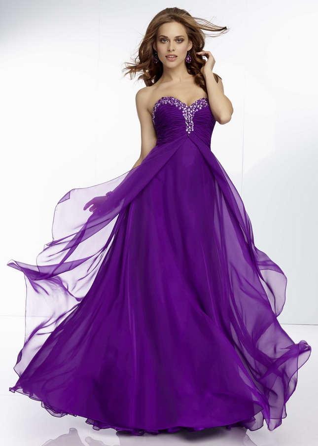 Long Purple Ruched Bust Beaded Neckline Prom Dress 2015