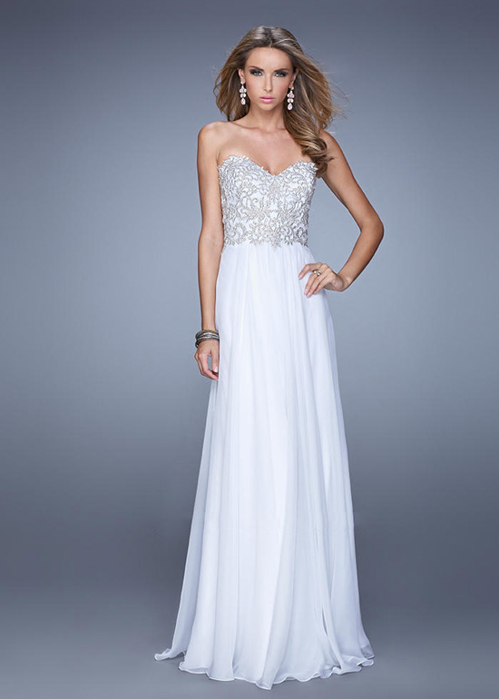 Long White Strapless Embellished Bodice Beaded Prom Dress 2015