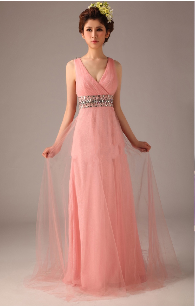 Tulle A Line Deep V Neck Pink Long Prom Dress