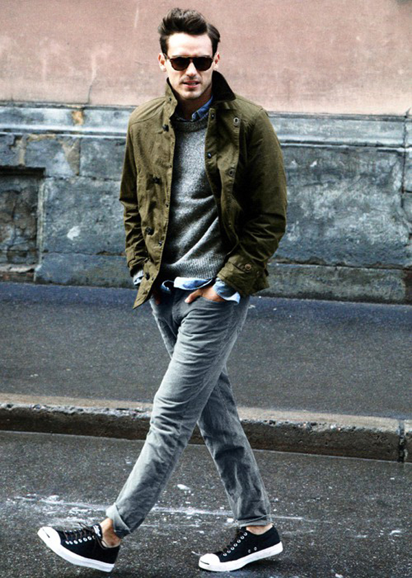 mens-style-how-to-wear-faded-denim-jeans-converse-purcells-grey-sweater-denim-shirt-army-green-jacket-sunglasses