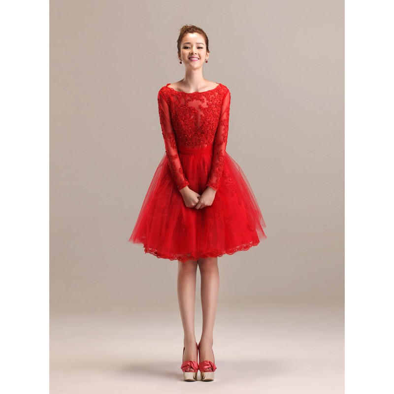 modest-red-color-short-lace-wedding-dresses-with-long-sleeves