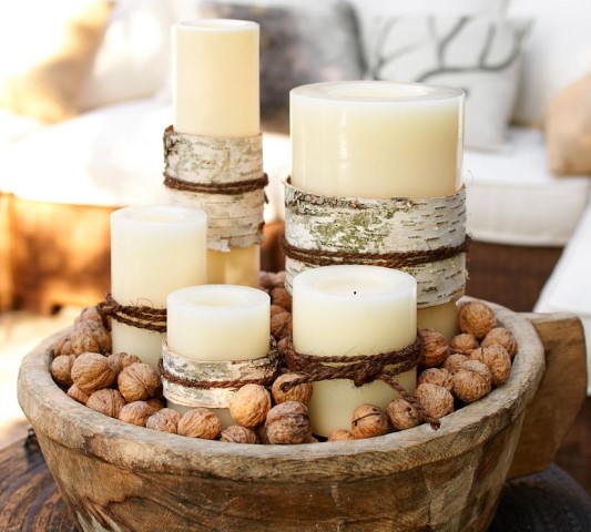 Awesome-Rustic-Christmas-Candle-Centerpiece-Decoration-with-Handmade-Wooden-Bowl-Filled-by-Large-Candles-and-Beans-for-Creative-Christmas-Table-Ideas-Small