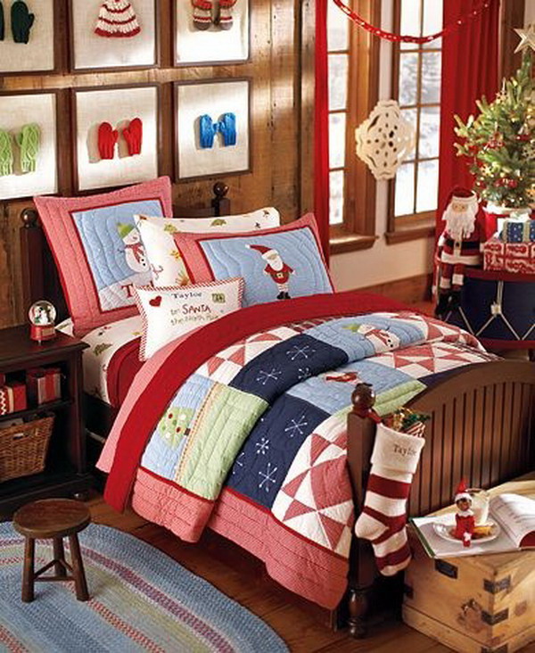 Christmas-bedroom-decoration-ideas-for-kids-with-elegant-interior-ornamented-with-framed-gloves-red-curtain-Christmas-decoration-Christmas-bed-set.