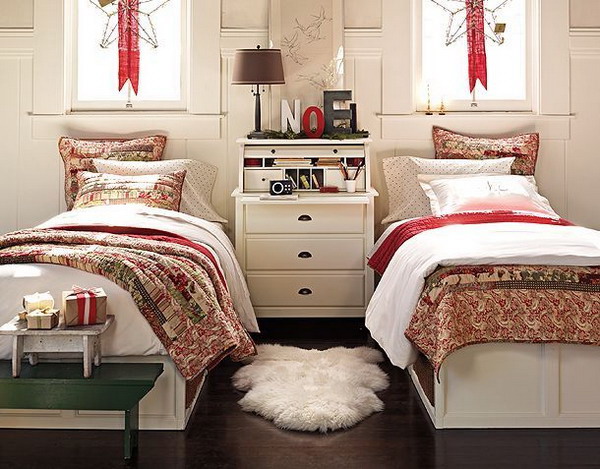 Christmas-bedroom-decorations-ideas-in-elegant-look-with-twin-bed-and-wall-ornament-decorated-with-single-fury-mat-and-green-table