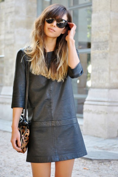 Street-Style-Leather-Shift-Dress-Ombre-Hair-