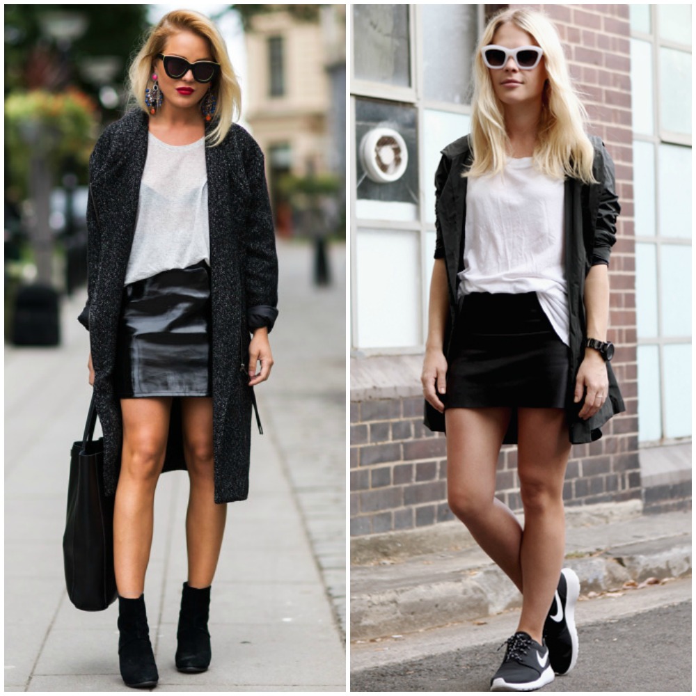 fall 2014 trends - black leather mini skirt outfit street style look fashion - with layers long knit cardigan sneakers outfit.