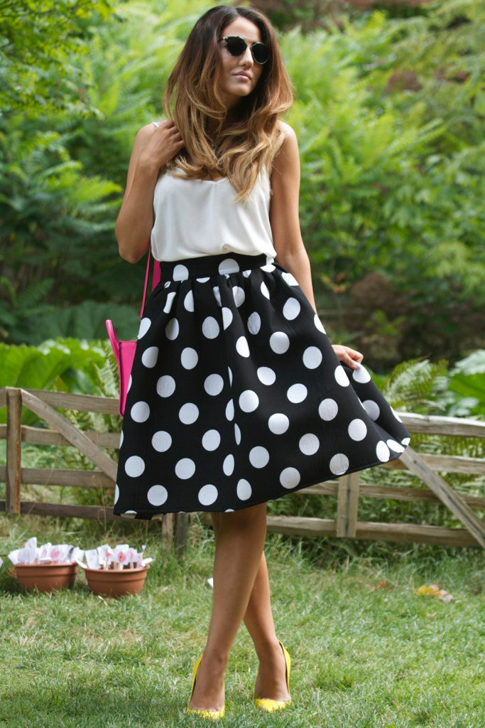 polka dot skirt with a white top
