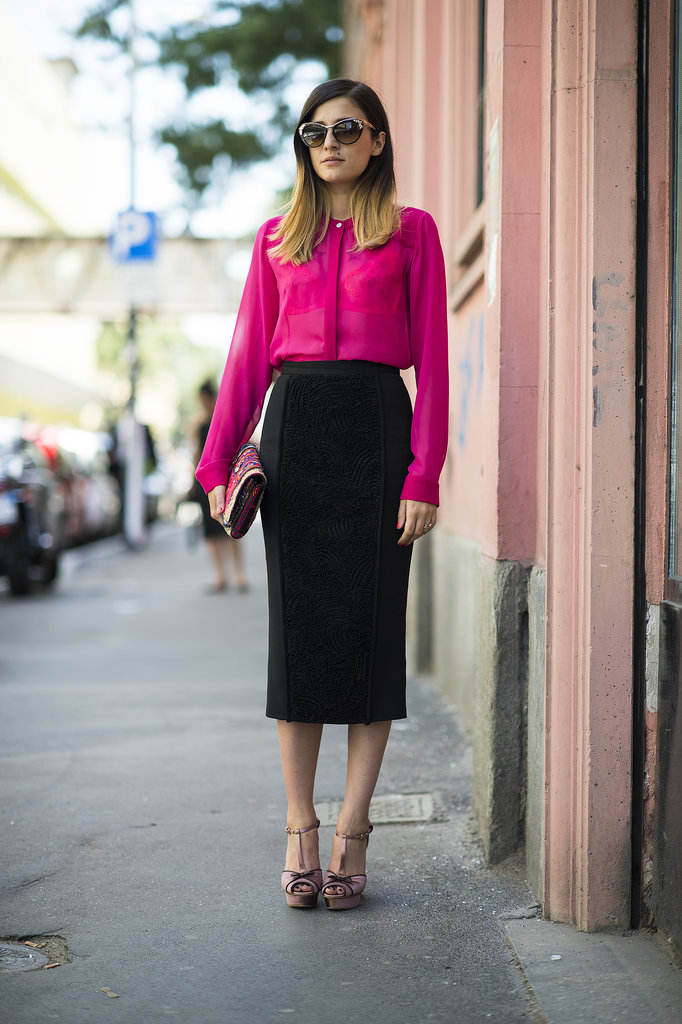 sheer-pink-top-and-black-pencil-skirt