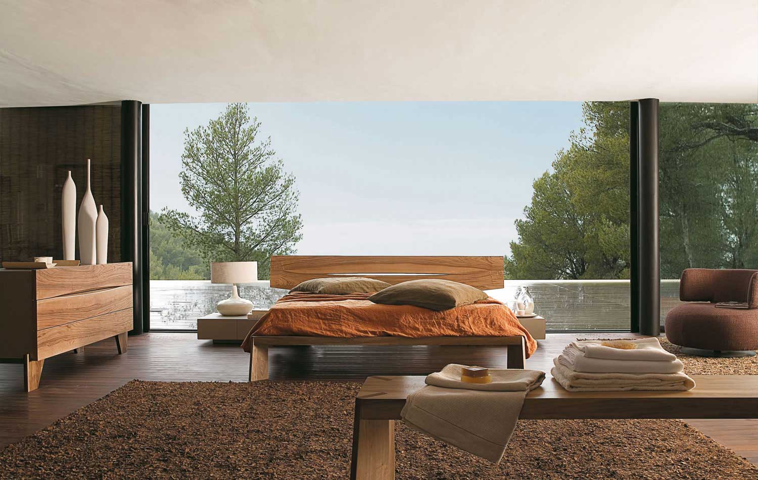 Glass-Wall-Bedroom-Design-with-Walnut-Bedroom-Furniture.