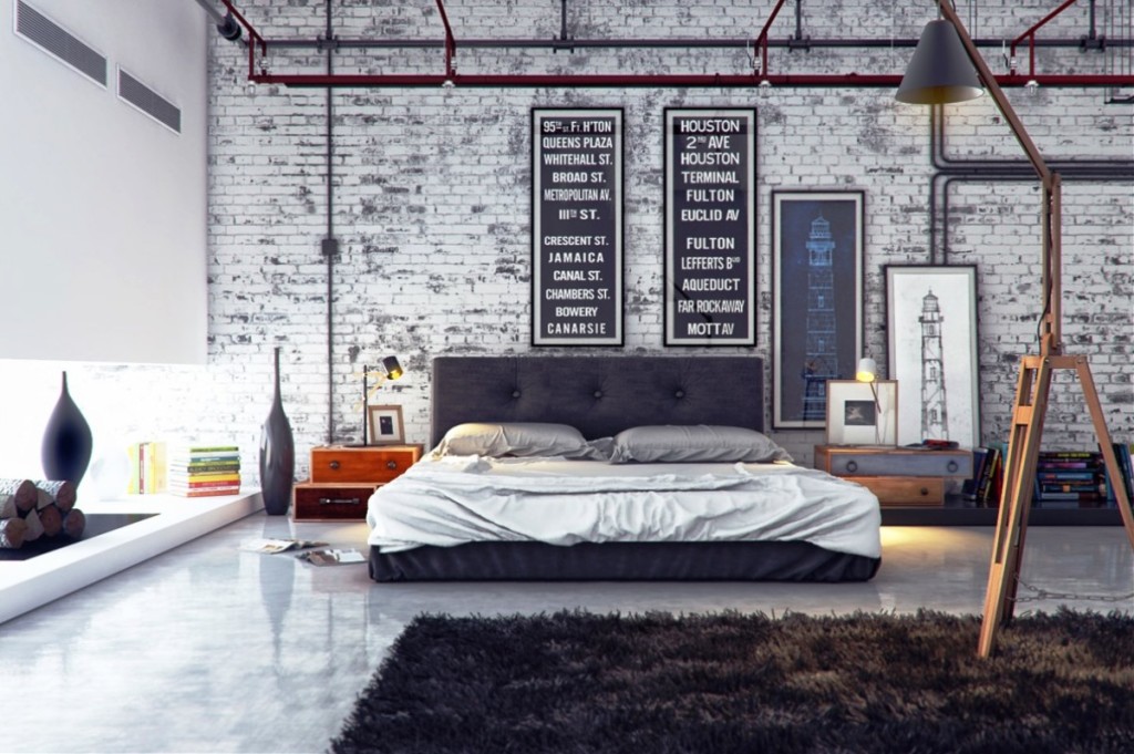 Impressing-Bedroom-Design-Men-decorating-with-modern-bed-also-grey-cushion-and-black-furry-rug-carpet-on-white-ceramic-flooring-and-typografi-wall-decoration