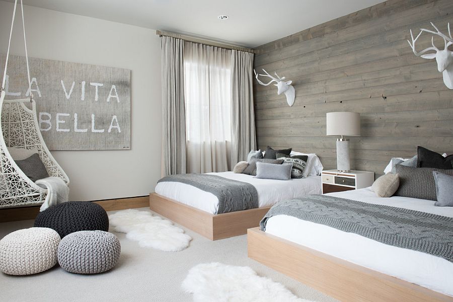 Scandinavian-bedroom-with-wooden-accent-wall-and-pops-of-gray