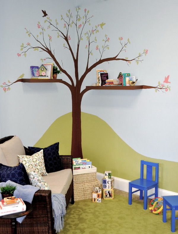 Contemporary-Kids-Bedroom-with-Tree-Wall-Mural-for-Wall-Decoration-Ideas