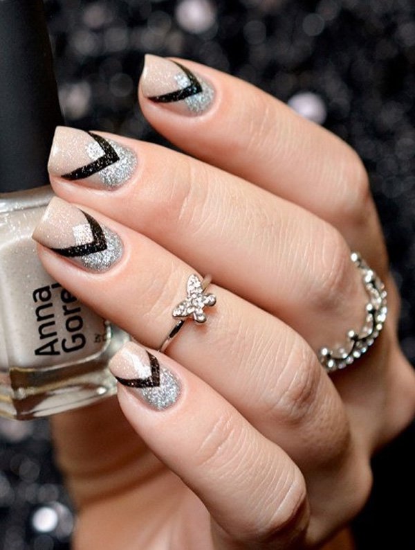 Nude-color-with-gray-glitter-nail-art.