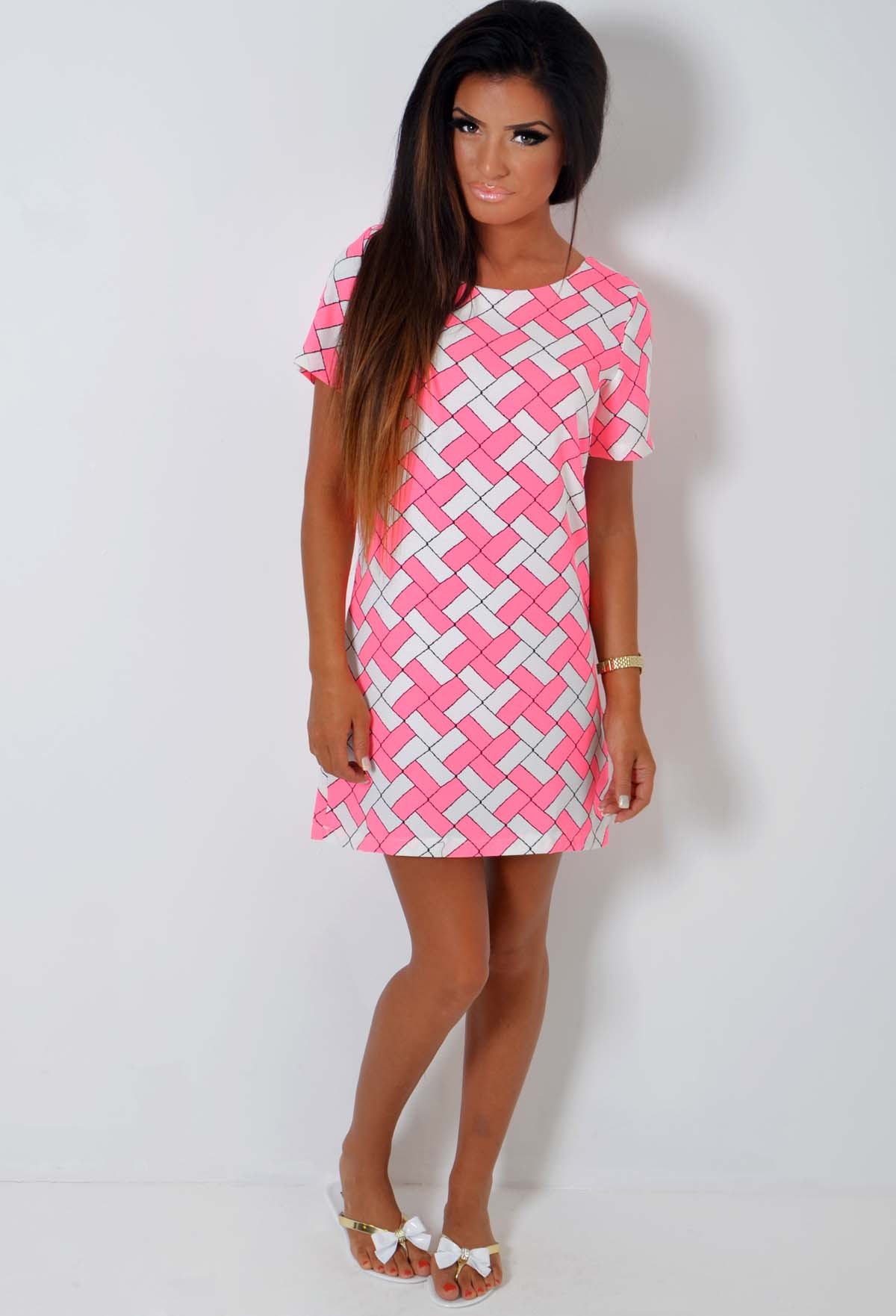 Ingot-Neon-Pink-and-Grey-Block-Print-Tunic-Dresses