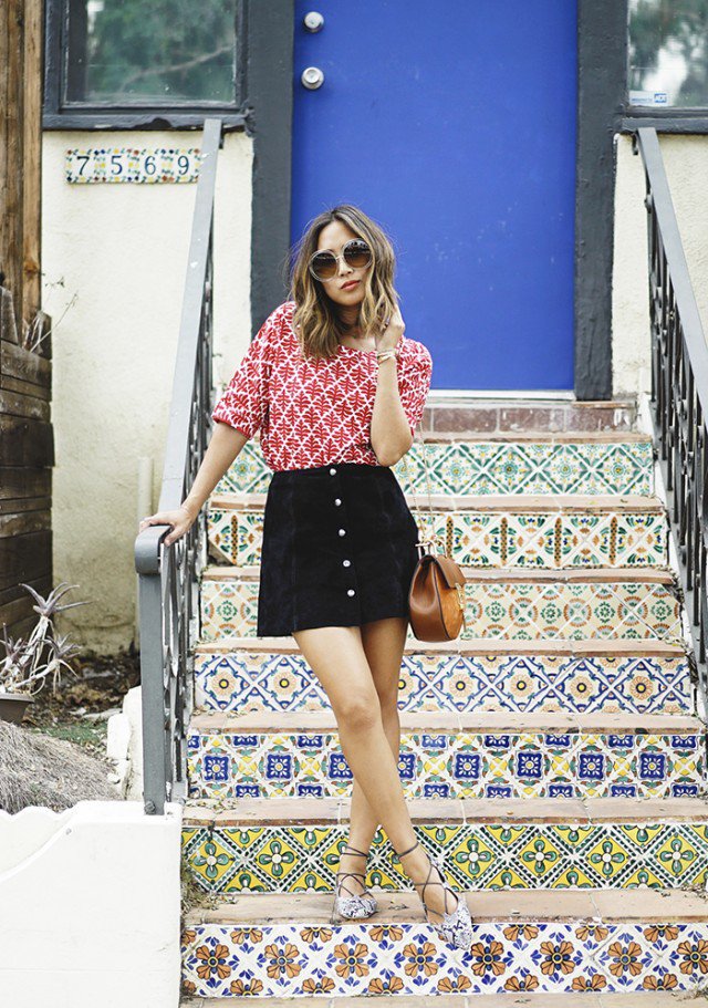 Print-Shirt-with-Suede-Button-Down-Skirt.