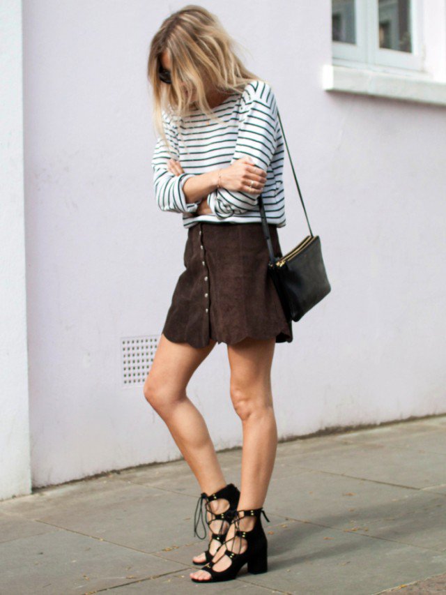 Striped-Shirt-with-Suede-Button-Down-Skirt.