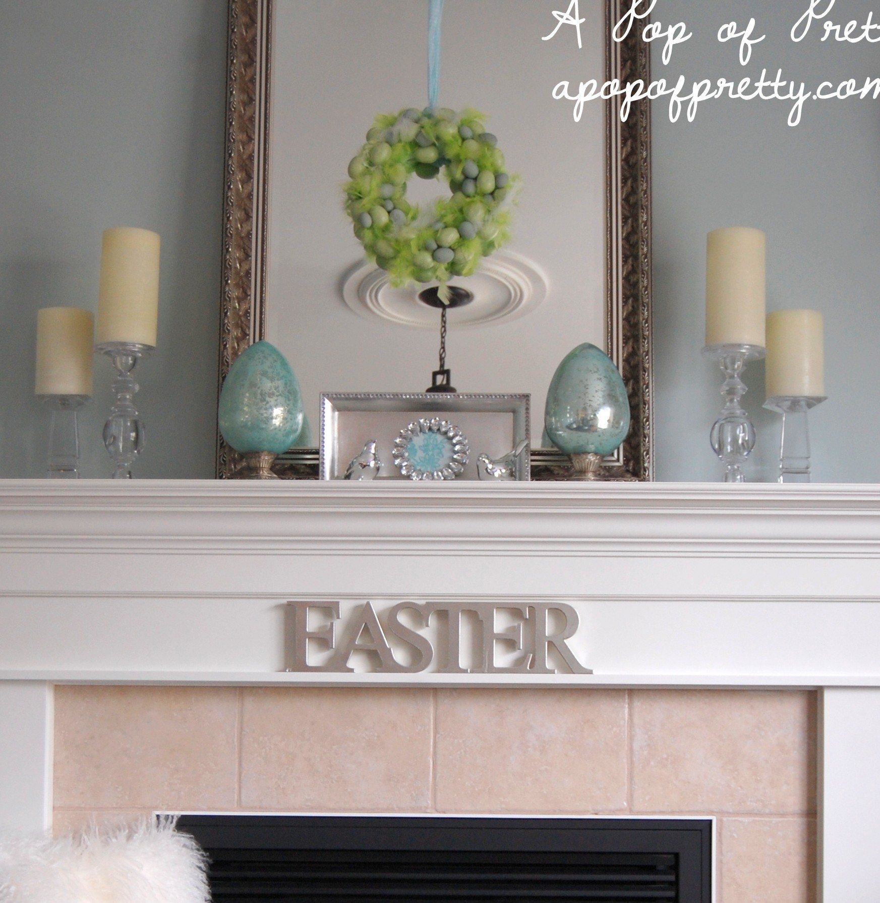 elegant-minimalist-spring-easter-mantel-decoration-ideas-with-silver-metallic-easter-letters-clear-glass-candlesticks-beautiful-lime-green-and-muted-blue-little-eggs-wreath-and-mercury-glass-easter