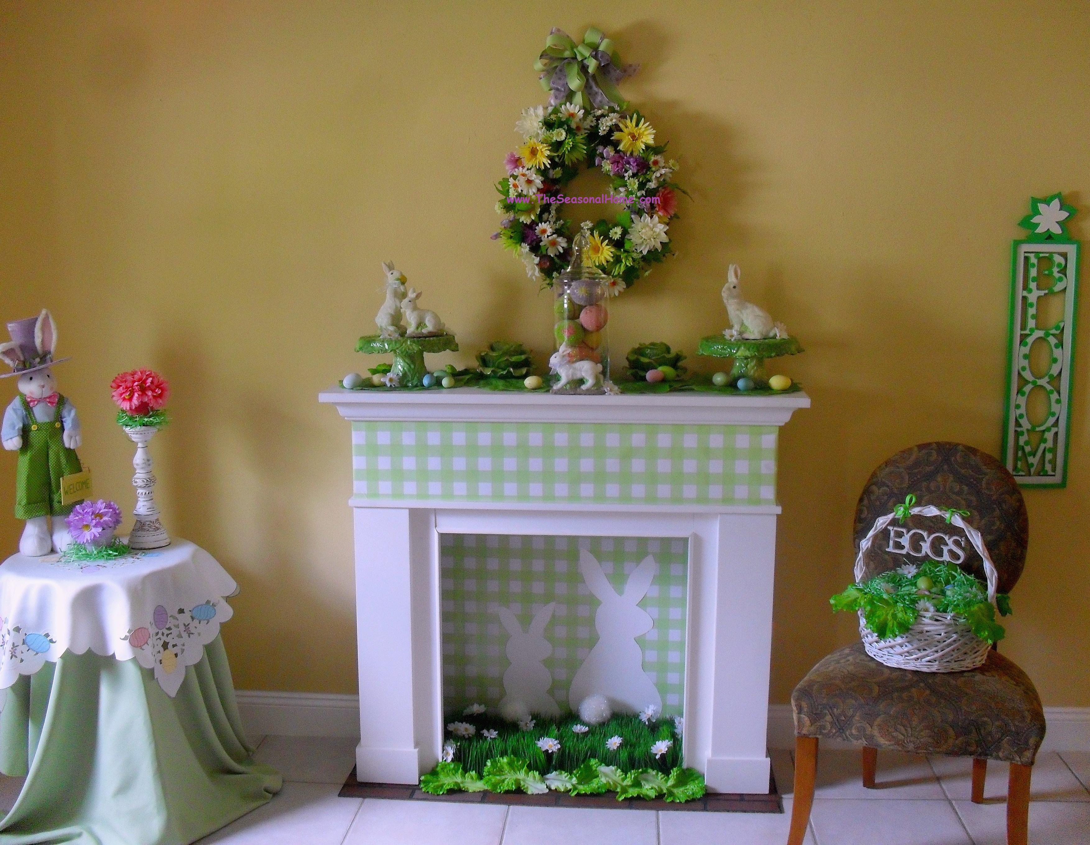 refreshing-mantel-easter-decorations-with-green-plaid-hallmark-wrap-56-artificial-green-grass-and-lettuce-leaves-white-bunnies-center-apothecary-jar-with-glittered-easter-eggs-and-yellow-and-white.