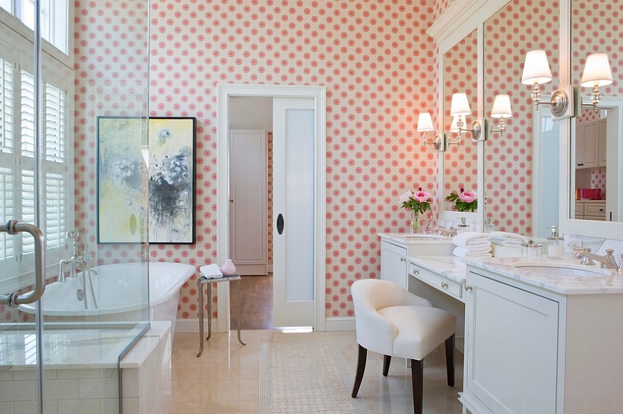 Beach-style-bathroom-in-Boston-with-cool-wallpaper.