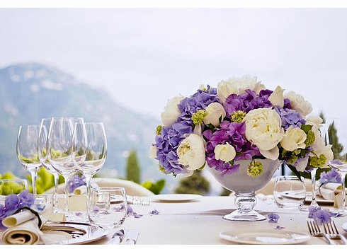 Summer-wedding-centerpiece-with-blue-and-purple-flowers