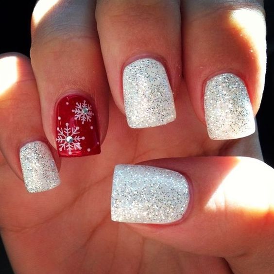 red-and-white-nails-with-snowflakes-and-glitter