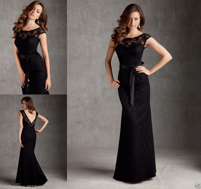 Black-Lace-Mermaid-Cap-Sleeve-Formal-Long-Party-Prom-Bridesmaid-Dresses.