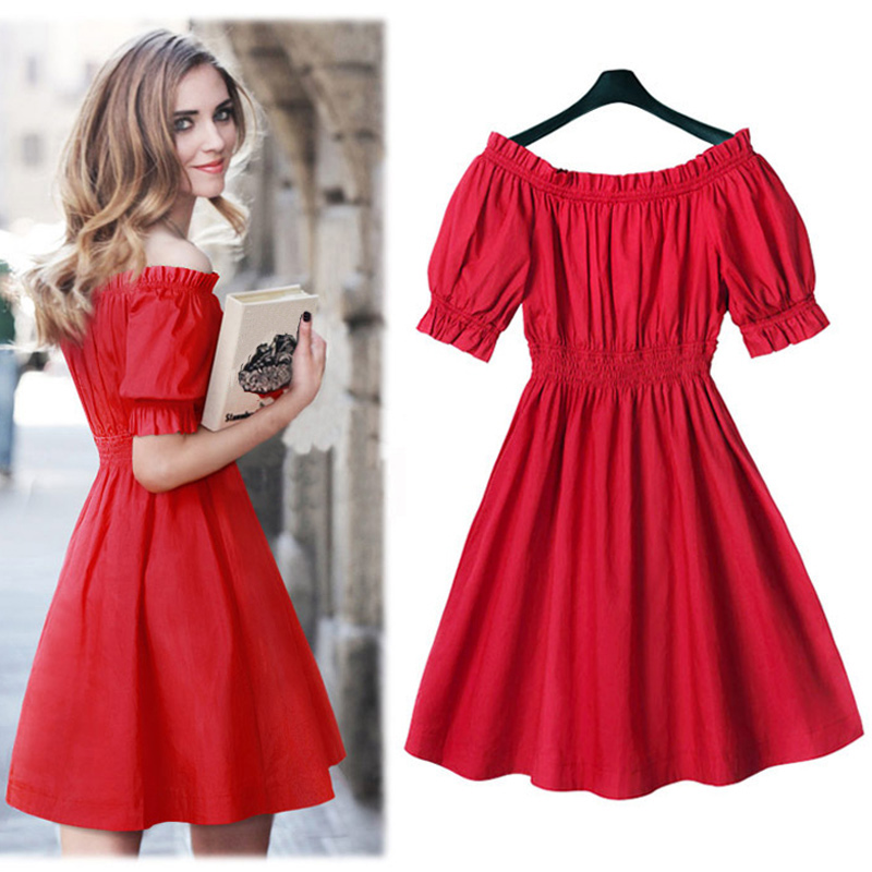New-Fashion-Retro-Red-Women-Dress-Slash-Neck-Off-Shoulder-Elastic-Waist-Puff-Sleeve-Short-mini