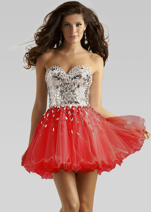 Short Red Strapless Sweetheart Sequined Tulle Prom Dress
