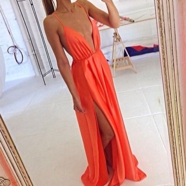 wgm1bh-l-610x610-dress-orange+dress-maxi+dress-long+prom+dresses-prom+dress-flowy-fashion-tumblr-low+v+neck-slit+dress-strappy+dress-cami+dress-revealing-boobs-boob-silk+dress.