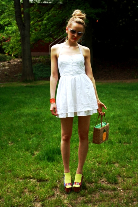 white dress with an unique pair of shoes