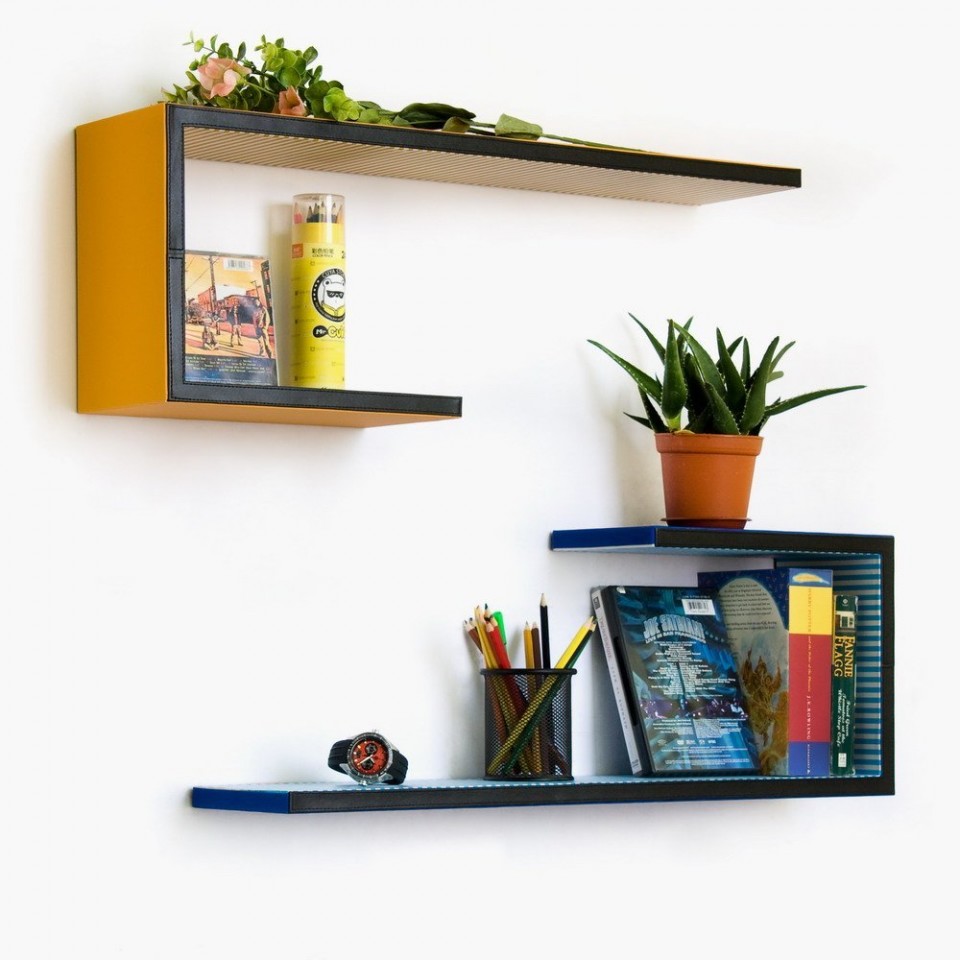 Wooden-Wall-Mounted-Shelves-Wall-Shelves-Design-With-Cool-Blue-And-Orange-Colors-For-Small-Spaces.