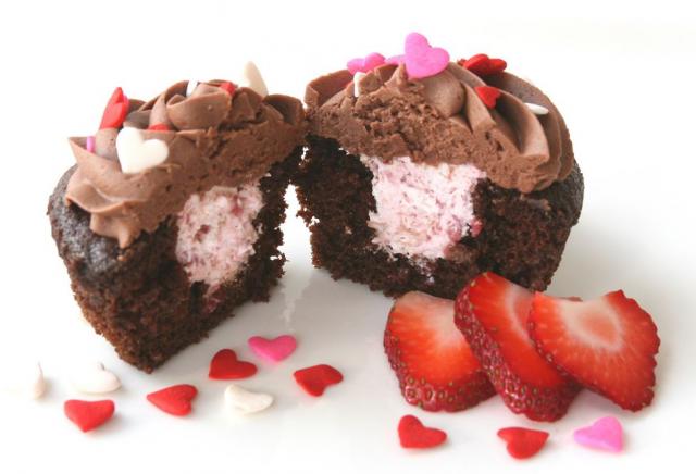 Chocolate valentines day cupcake with strawberries