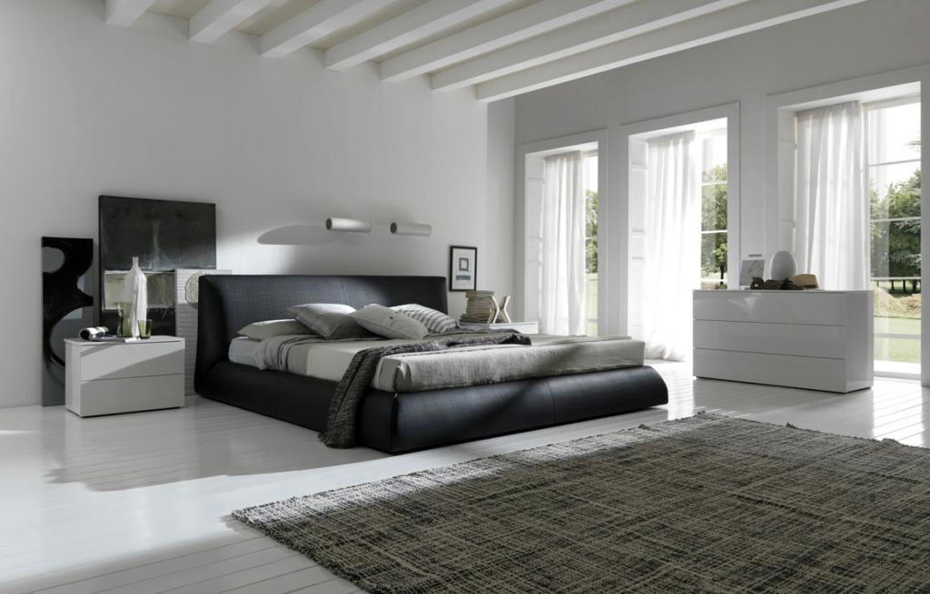 Outstanding-mens-bedroom-ideas-with-modern-white-flooring-and-white-color-paint-also-black-bed-and-unique-rug