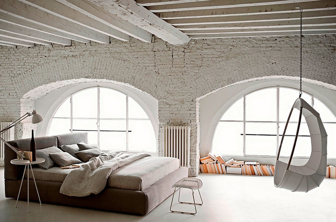 Spacious-industrial-bedroom-design-ideas-with-white-brick-walls-and-unique-decor-also-fabric-platform-bed-and-swing-chairs-also-white-brick-walls.