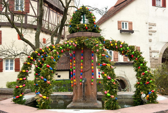 easter fountain. traditional german easter eggs outdoor decoration. Osterbrunnen.