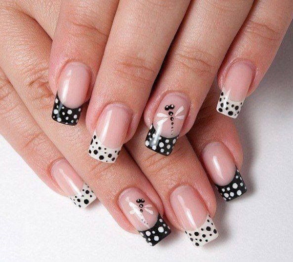 French-nails-with-black-and-white-polka-dots-and-dragonfly