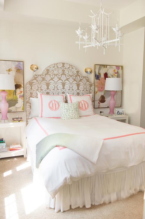 white-pagoda-chandelier-pink-monogrammed-kids-bedding-pink-lamps.