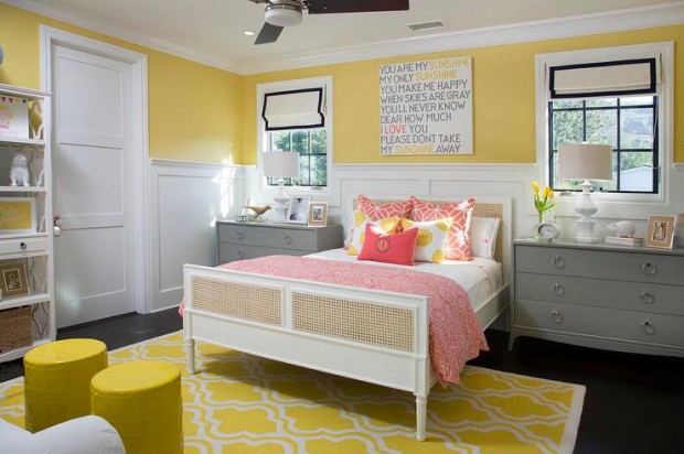 yellow-and-gray-girl-bedroom-moroccan-tile-rug-gray-nightstand-