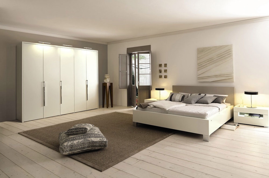 Bedroom Design White Cabinets Unique Lamp Wood Flooring White wall Wooden Door