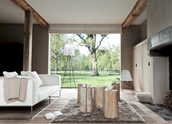 Tree-trunk-coffee-table-ideas-modern-interior-rustic-decor-fireplace-shaggy-rug