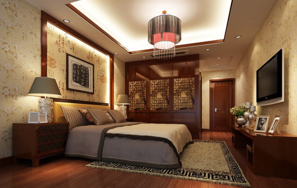 Wallpaper-and-wooden-flooring-in-Chinese-bedroom