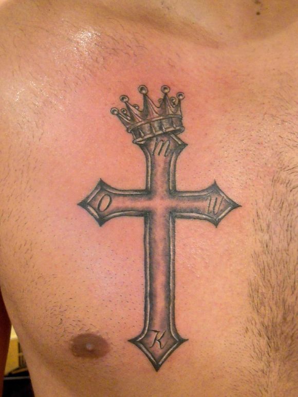 grey-ink-cross-and-crown-tattoo-on-chest