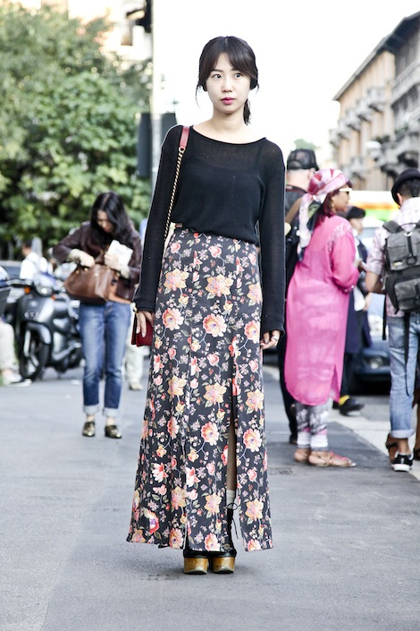 red-dress-Street-Style-Day-TWO-Milan-Womens-Ready-to-Wear-Spring-2013-long-floral-skirt