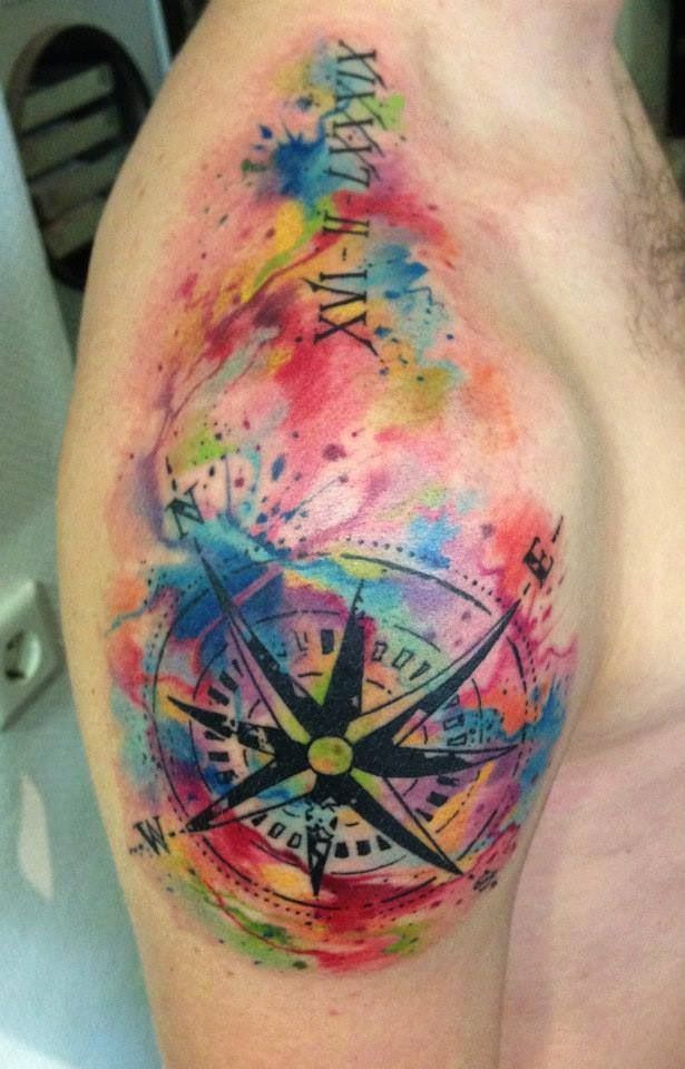 roman-numerals-and-compass-watercolor-tattoos.