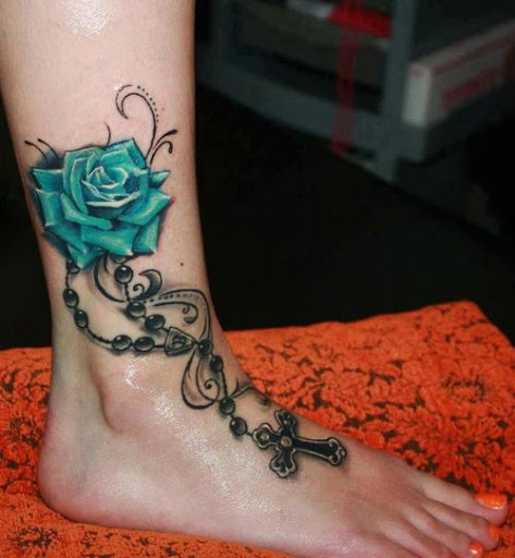 Rose-with-cross-bracelet-tattoo-with-3d-effect.