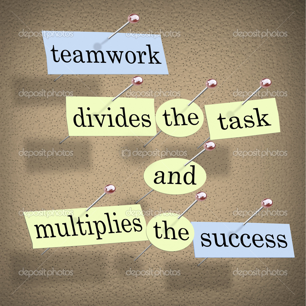 Pieces of paper each containing a word pinned to a cork board reading Teamwork Divides the Task and Multiplies the Success