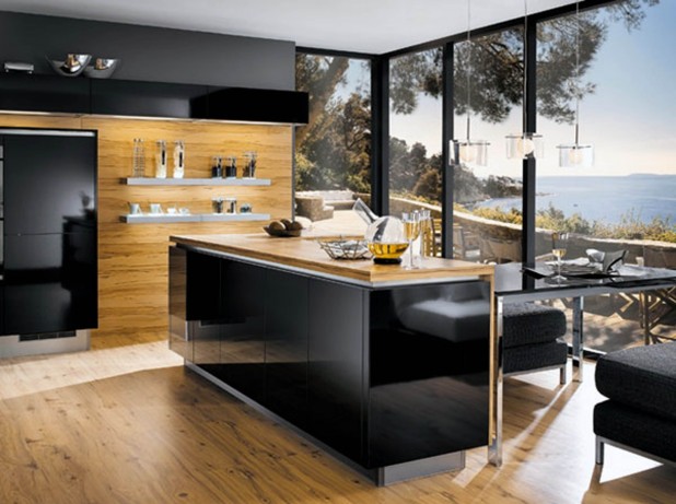 transparent-glass-window_wooden-laminate-flooring_brown-stained-wood-counter-top_black-varnished-teak-wood-kitchen-island_wall-mounted-wood-self_black-stained-wood-Architrave-