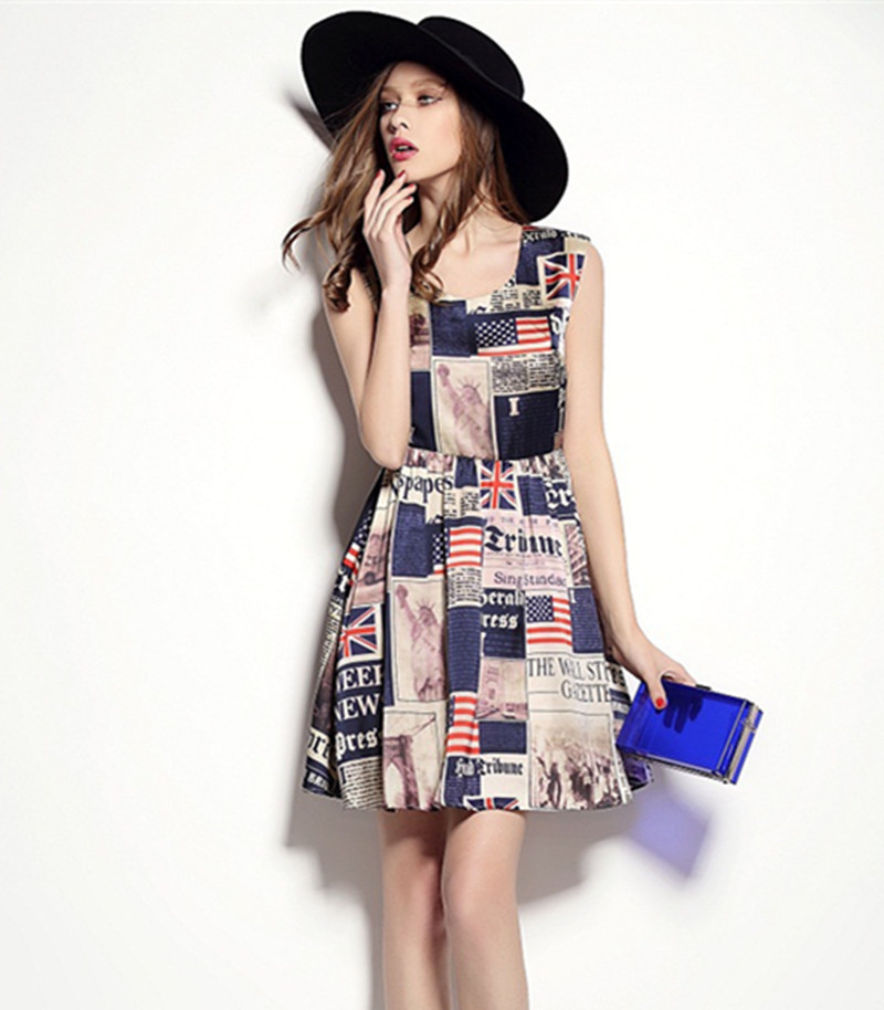 Fashion-Ladies-Casual-Loose-American-Flag-Print-Dress-2015-Vintage-O-neck-Short-Sleeve-Newspaper-Print